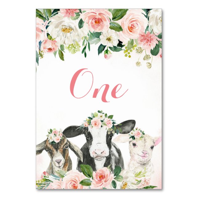 Farm Animal Floral Girl Table Number (Front)
