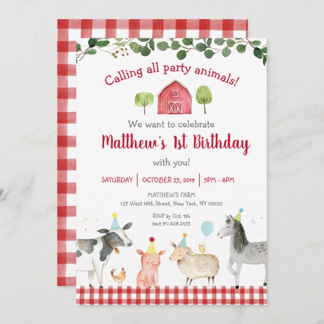 Farm Animal Greenery 1st Birthday Invitation (Front/Back)