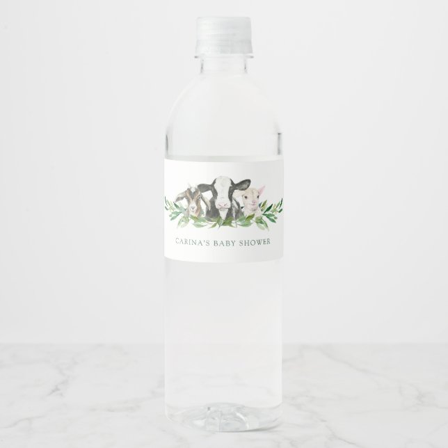 Farm Animal Greenery Boy Baby Shower Water Bottle Label (Front)