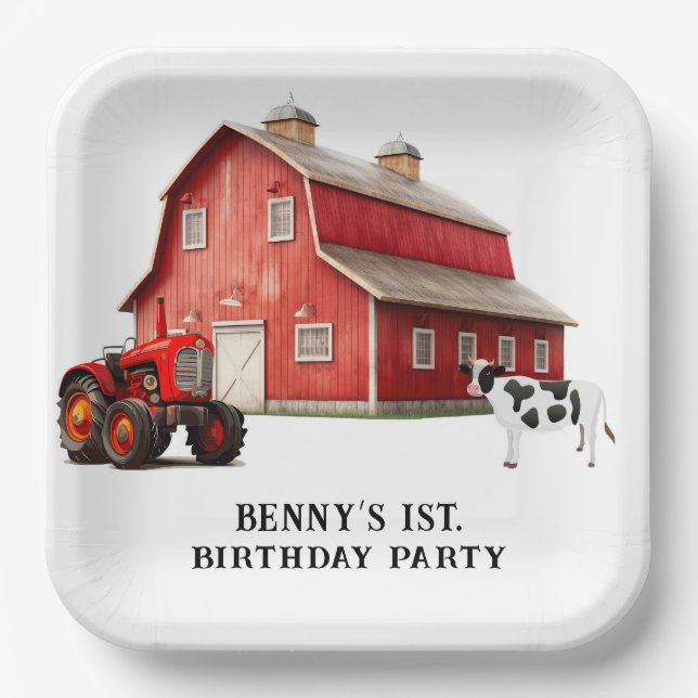 Farm Animal Red Barn Tractor 1st. Birthday Party Paper Plate (Front)