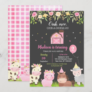 Farm Animals 2nd Birthday Party Invitations Girl