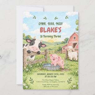 Farm Animals 3rd Birthday Party Invitation
