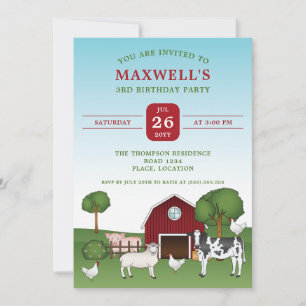 Farm Animals And A Red Barn Countryside Birthday Invitation
