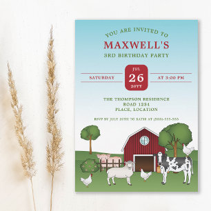Farm Animals And A Red Barn Countryside Birthday Invitation