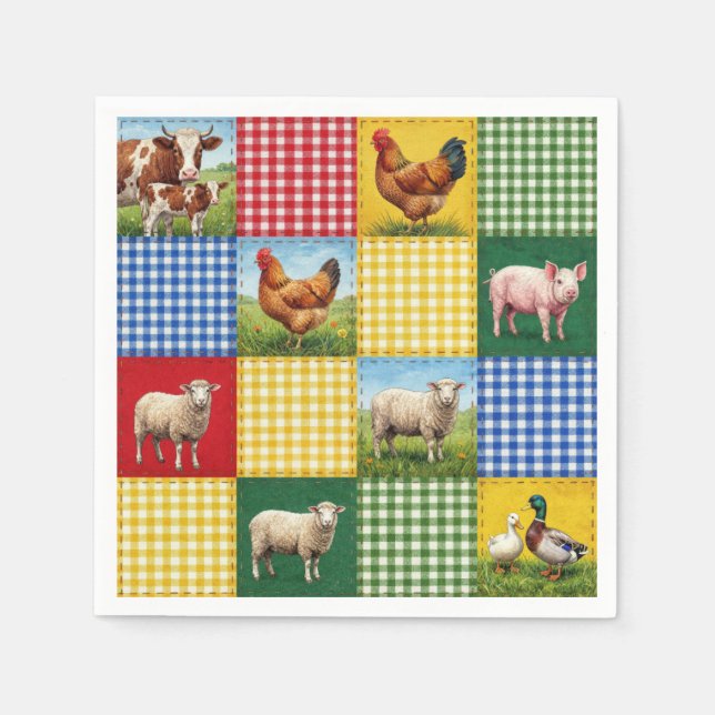 Farm Animals and Gingham Patchwork Quilt Napkin (Front)