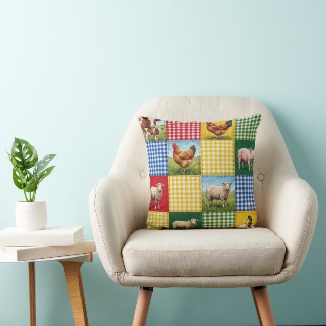Farm Animals and Gingham Patchwork Quilt Throw Pillow (Chair)