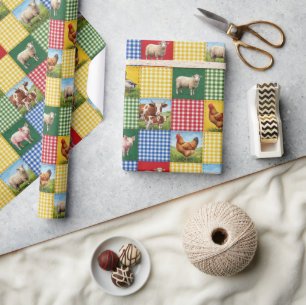 Farm Animals and Gingham Patchwork Quilt Wrapping Paper