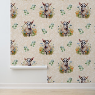 Farm Animals Baby Goat Greenery on Cream Wallpaper