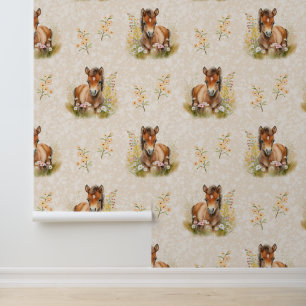 Farm Animals Baby Horse Floral on Cream Wallpaper