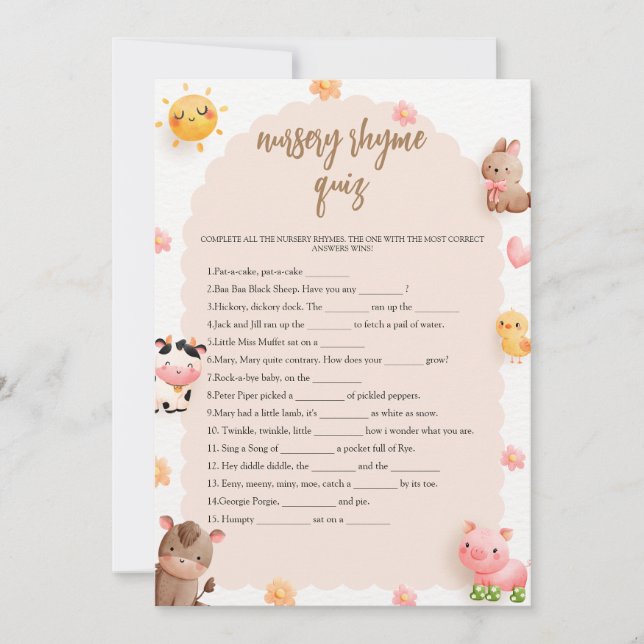 Farm Animals Baby Shower Baby Nursery Rhyme Quiz Invitation (Front)