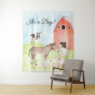 Farm Animals Baby Shower Banner Backdrop Tapestry