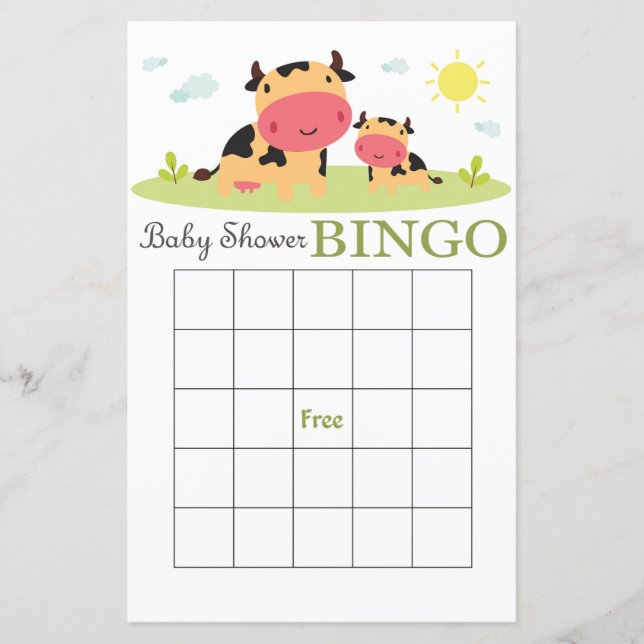 Farm animals baby shower bingo card (Front)