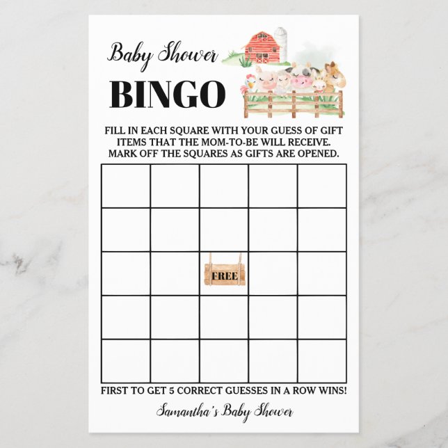 Farm Animals Baby Shower Bingo Game Card (Front)