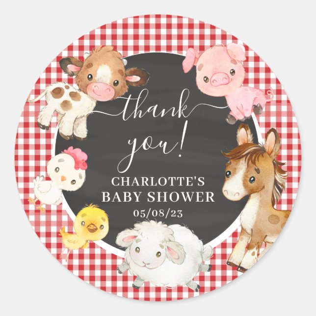 Farm Animals Baby Shower Favour Classic Round Sticker (Front)