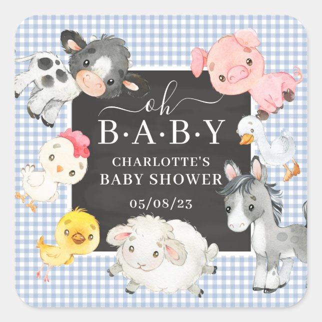 Farm Animals Baby Shower Favour Square Sticker (Front)