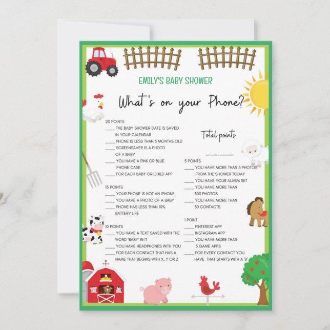 Farm Animals Baby Shower Game Size Invitation (Front)