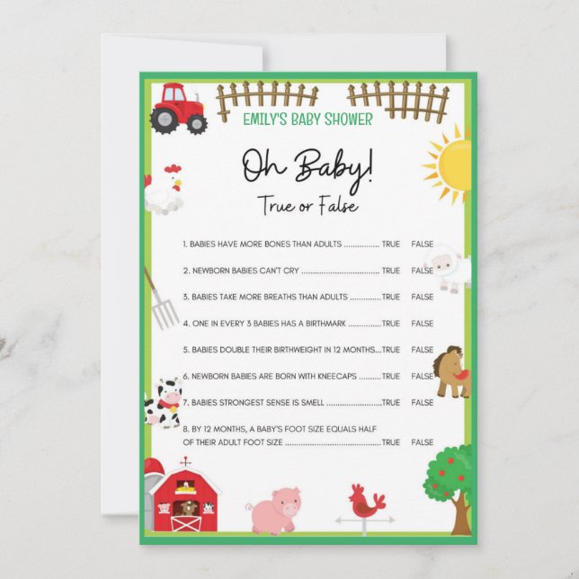 Farm Animals Baby Shower Game Size Invitation (Front)