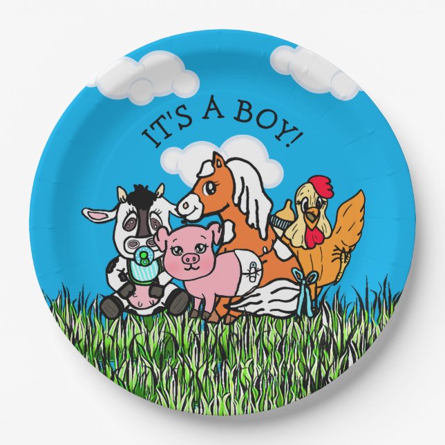 Farm Animals Baby Shower Its a Boy Paper Plate (Front)