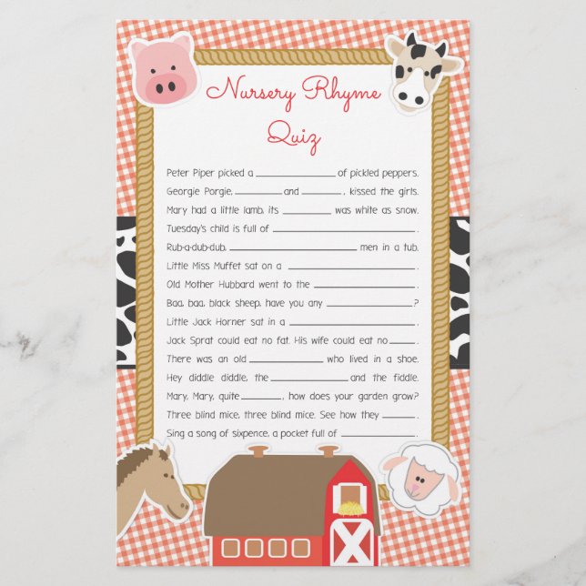 Farm Animals Baby Shower Nursery Rhyme Game Flyer (Front)