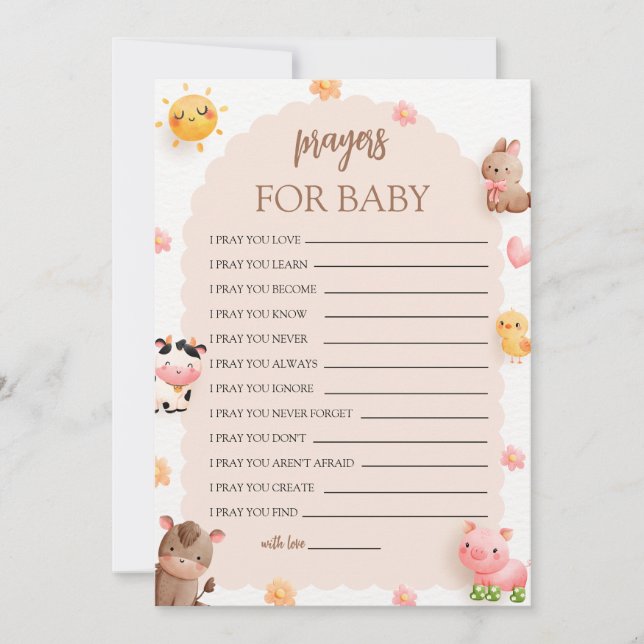 Farm Animals Baby Shower Prayers For Baby Card (Front)