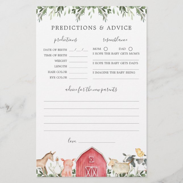 Farm Animals Baby Shower Predictions and Advice (Front)