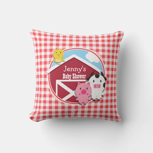 Farm Animals Baby Shower; Red & White Gingham Throw Pillow (Front)