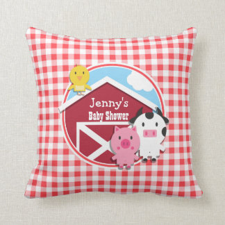 Farm Animals Baby Shower; Red & White Gingham Throw Pillow