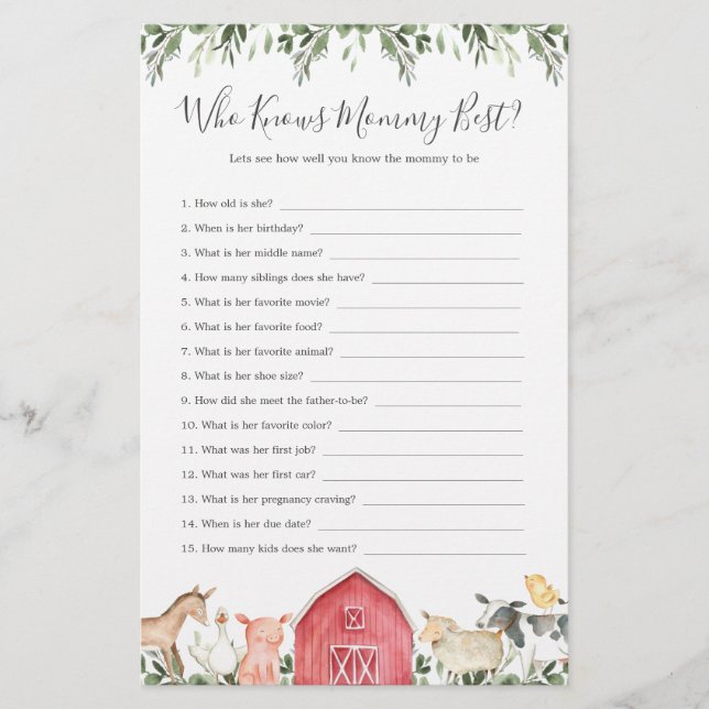 Farm Animals Baby Shower Who Knows Mommy Best (Front)