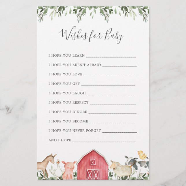 Farm Animals Baby Shower Wishes For Baby (Front)