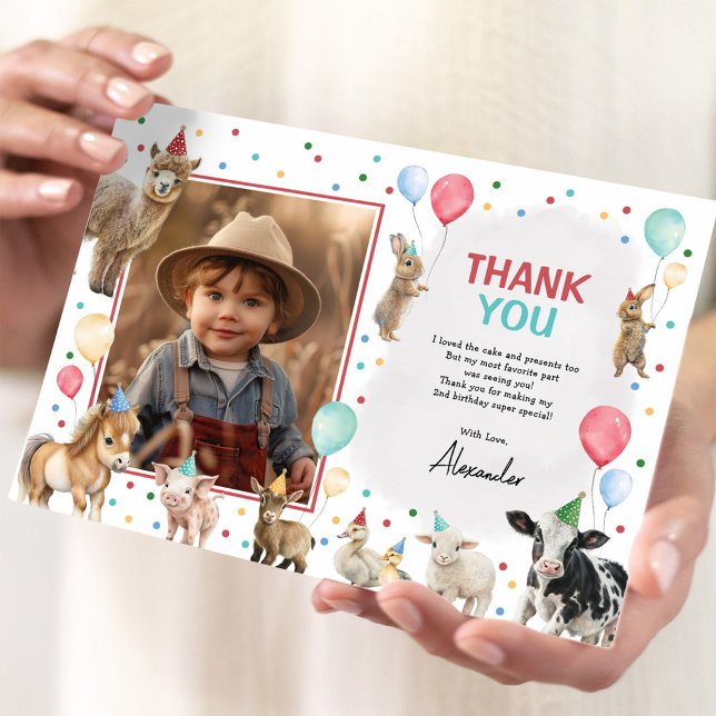 Farm Animals Balloon Confetti Boy Birthday Party Thank You Card (Creator Uploaded)