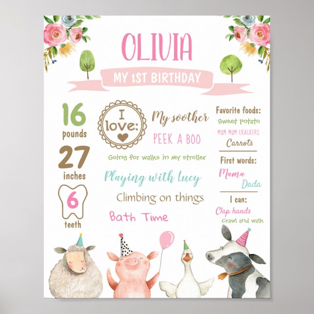 Farm Animals Barn First Birthday Girl Milestones Poster (Front)