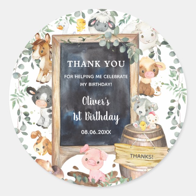Farm Animals Barnyard 1st Birthday Baby Shower  Classic Round Sticker (Front)