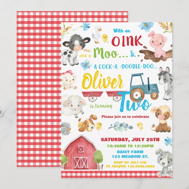 Farm Animals Barnyard 2nd Birthday Turning Two Invitation (Front/Back)