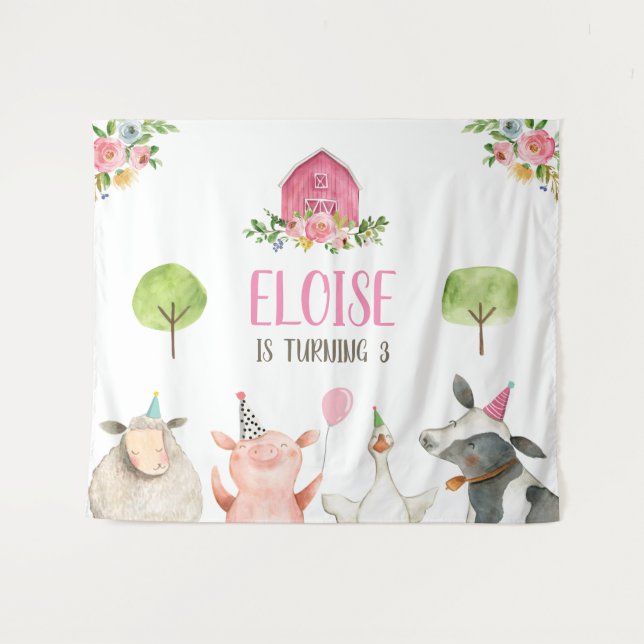 Farm Animals Barnyard Banner Pink Girl Birthday Tapestry (Front (Horizontal))