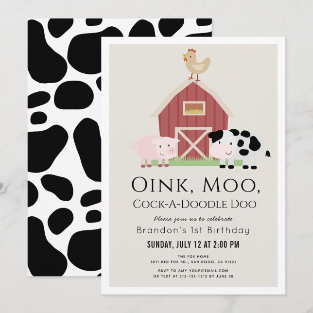 Farm Animals Barnyard Beige 1st Birthday  Invitation (Front/Back)