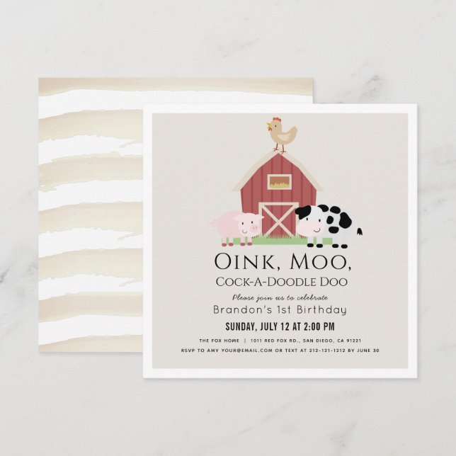 Farm Animals Barnyard Beige 1st Birthday Square Invitation (Front/Back)