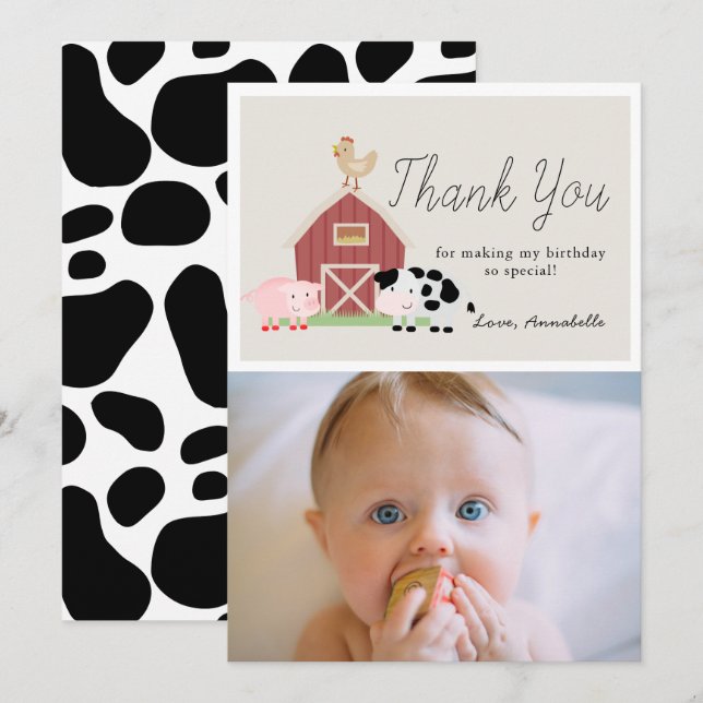 Farm Animals Barnyard Beige Birthday Thank You Invitation (Front/Back)