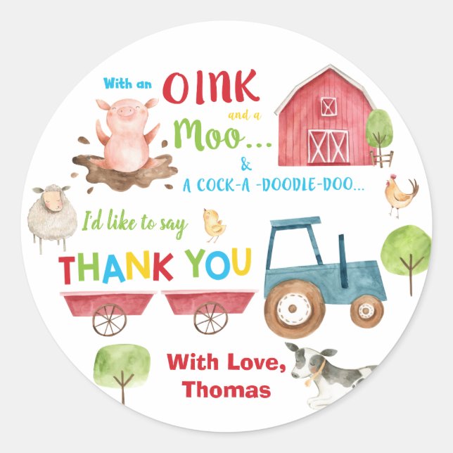 Farm Animals Barnyard Birthday Thank You Favour Classic Round Sticker