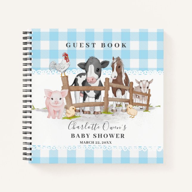 Farm Animals Barnyard Blue Baby Shower Guest Book (Front)