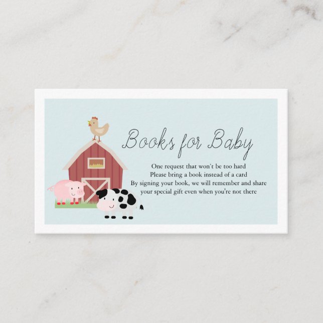 Farm Animals Barnyard Blue Books for Baby Shower Enclosure Card (Front)