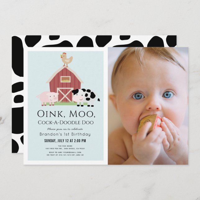 Farm Animals Barnyard Blue Boy Photo 1st Birthday Invitation (Front/Back)