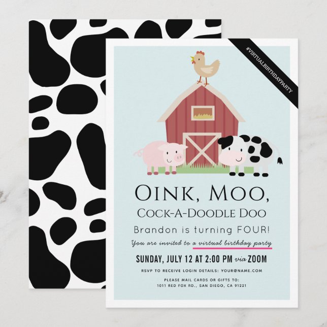 Farm Animals Barnyard Blue Boy Virtual Birthday Invitation (Front/Back)