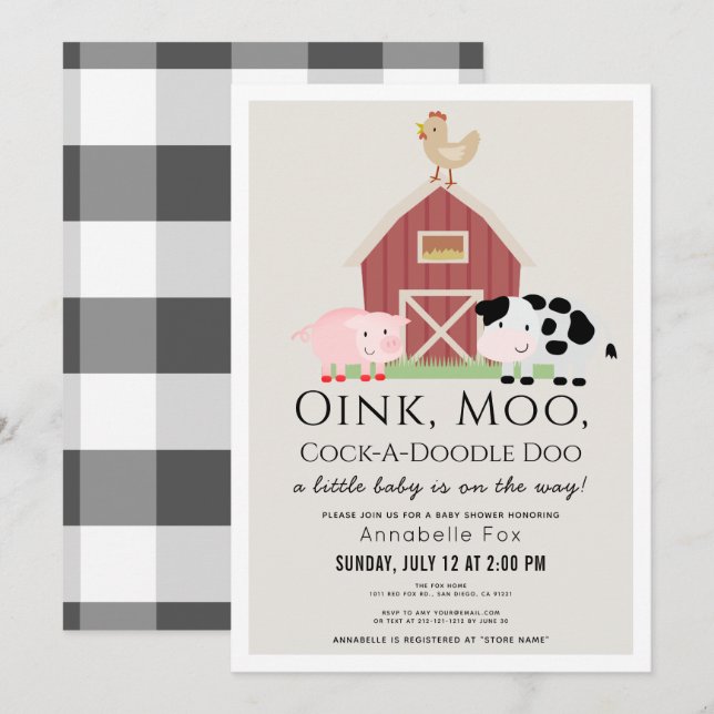 Farm Animals Barnyard Gingham Beige Baby Shower Invitation (Front/Back)