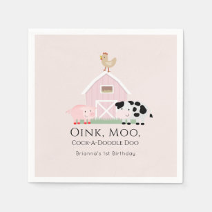 Farm Animals Barnyard Girl Pink Birthday Paper Napkin