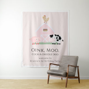 Farm Animals Barnyard Girl Pink Birthday Welcome Tapestry