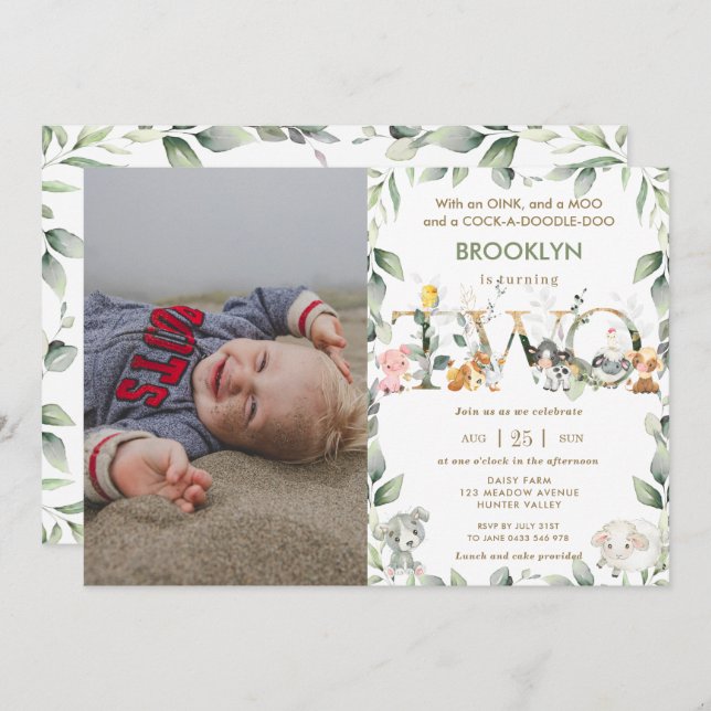 Farm Animals Barnyard Greenery 2nd Birthday Photo Invitation (Front/Back)