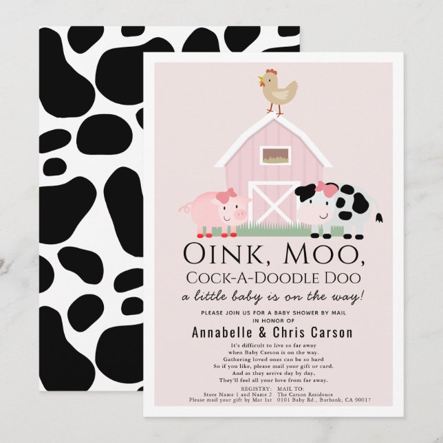 Farm Animals Barnyard Pink Baby Shower by Mail Invitation (Front/Back)
