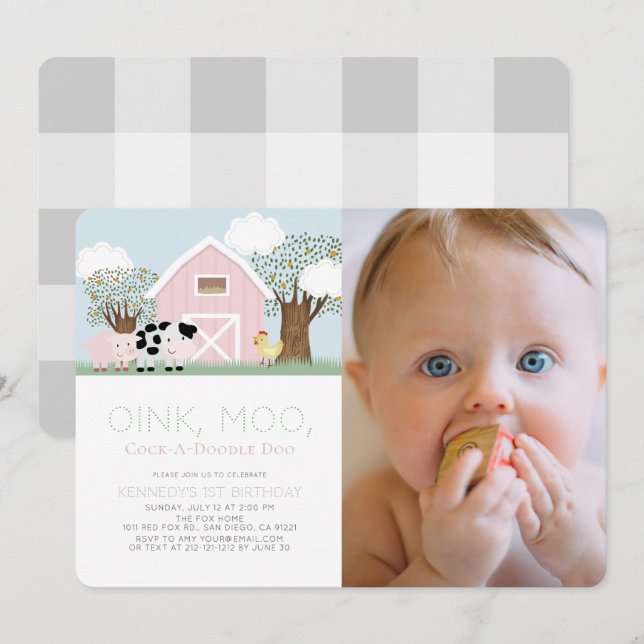 Farm Animals Barnyard Pink Barn 1st Birthday Photo Invitation (Front/Back)
