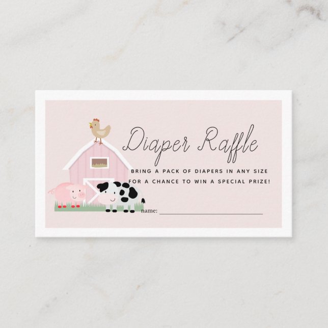 Farm Animals Barnyard Pink Diaper Raffle Ticket Enclosure Card (Front)