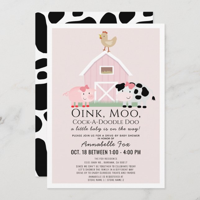 Farm Animals Barnyard Pink Drive-by Baby Shower Invitation (Front/Back)
